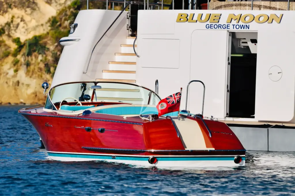 Safely board BLUE MOON's RIVA tender from the swim platform on the stern.