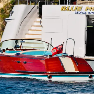 Safely board BLUE MOON's RIVA tender from the swim platform on the stern.