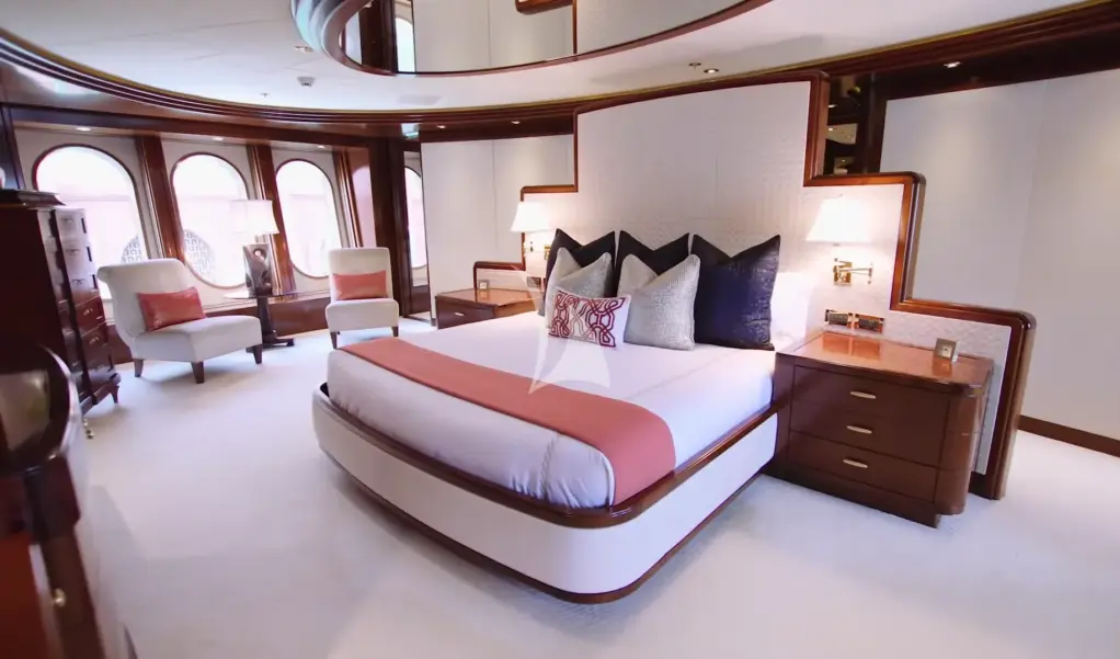 BLUE MOON - A luxurious, full-beam master stateroom comes fully equipped with a King-sized bed, his and her en suite bathroom, with soaking tub and shower, large windows, a private office and a gym.