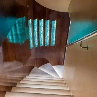 The stairs that lead to the master cabin in the aft