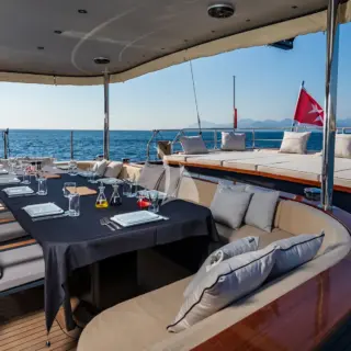 Miti One aft deck dining and sunbathing area