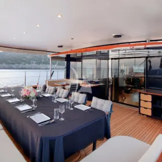 Miti One aft deck dining and seating area
