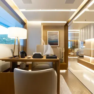 Upper deck office area into salon upper deck area, facing aft