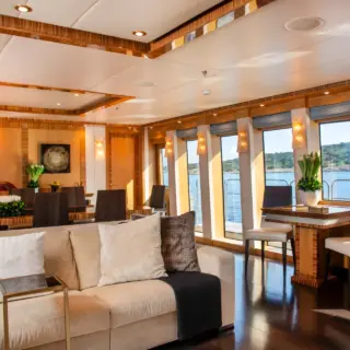 Floor to ceiling windows in main salon