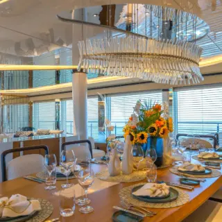 Eternal Spark - Main Deck - Main Saloon & Dining - Dining Table & View to Living Room Area
