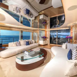 Eternal Spark - Main Deck - Main Saloon & Dining - Central View Coffee Table, Entrace, Full Size Windows