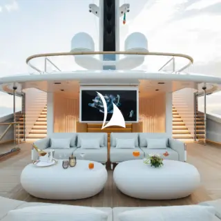 Bridge deck exterior lounge with dropdown TV
