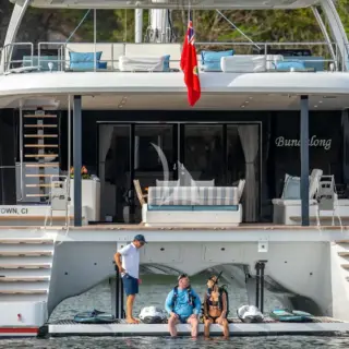 The aft platform can be raised or lowered for ease of water access