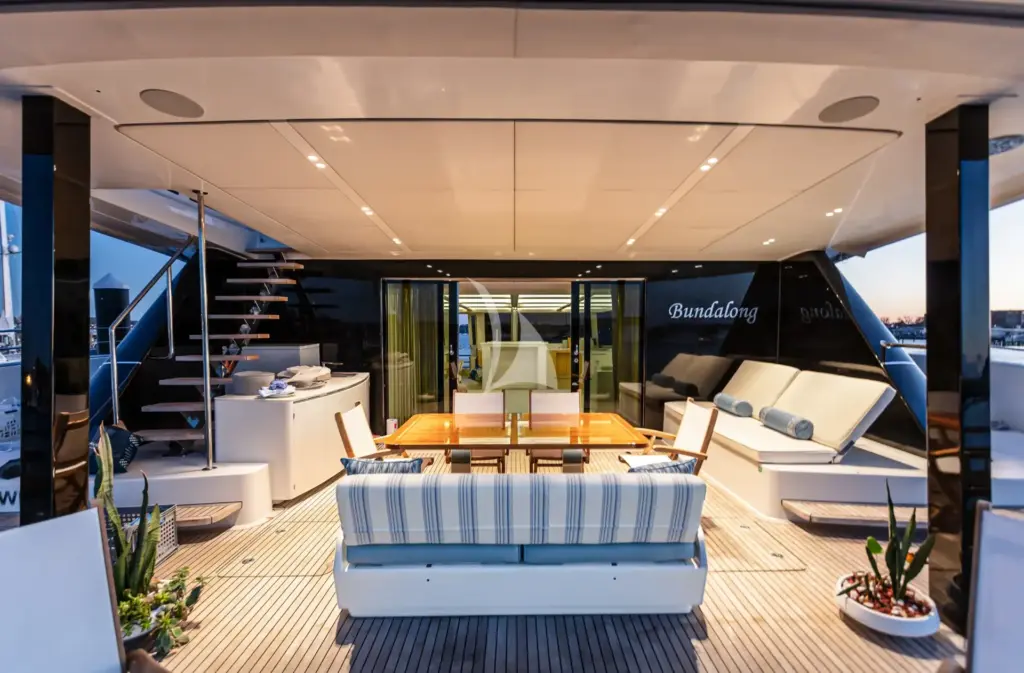 BUNDALONG has a cosy main deck aft for sheltered dining and lounging