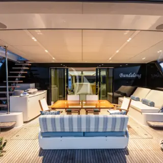 BUNDALONG has a cosy main deck aft for sheltered dining and lounging