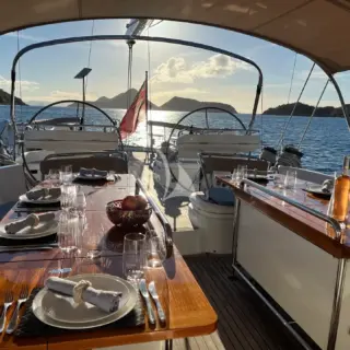 MIDNIGHT cockpit area and dining tables looking aft