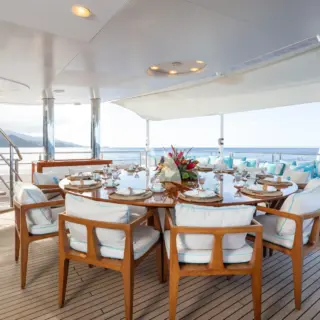 Upper deck aft dining - space for the entire charter party!