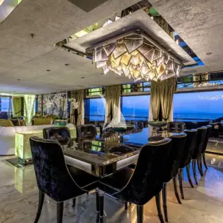 Main salon dining - custom amber crystal chandelier