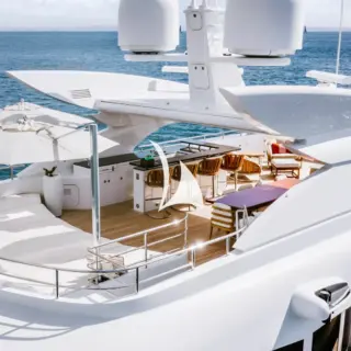 Sun deck sunpads, bar and dining area
