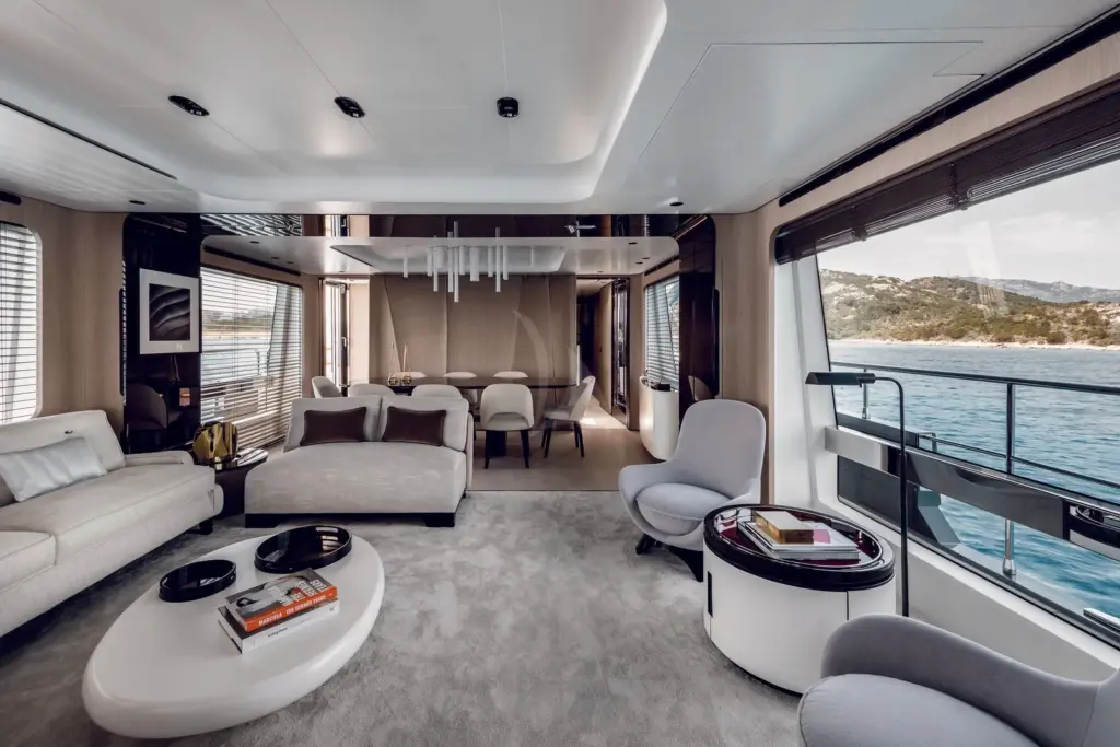 Main deck lounge and dining area - image courtesy of Azimut and the Grande 27M model. ASR photography coming soon