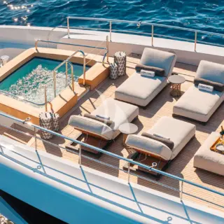 PAPER MOON - Aerial view of the foredeck deck lounge area and jacuzzi