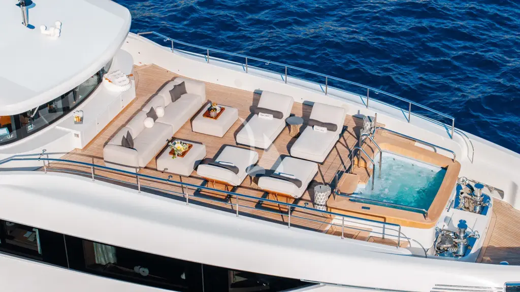 PAPER MOON - Aerial view of the foredeck lounge and jacuzzi 