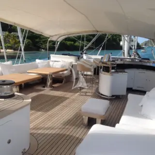 Spacious flybridge with awning