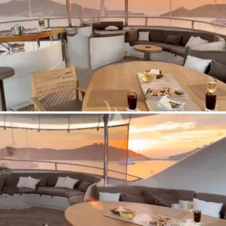 A large beige tent can be placed on the front of the sundeck offering protection from the sun and the wind, making the sundeck an amazing place to enjoy all day and night, even during the windier and colder days.