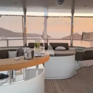 A large beige tent can be placed on the front of the sundeck offering protection from the sun and the wind, making the sundeck an amazing place to enjoy all day and night, even during the windier and colder days.